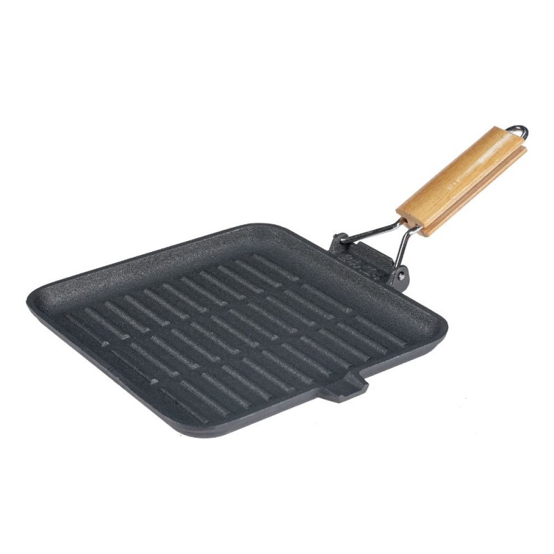 Padella grill in ghisa con manico pieghevole in legno, 24x24 cm - 