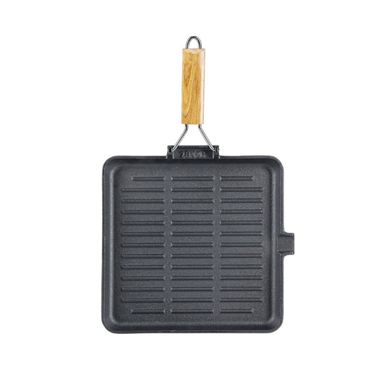 Padella grill in ghisa con manico pieghevole in legno, 24x24 cm - 