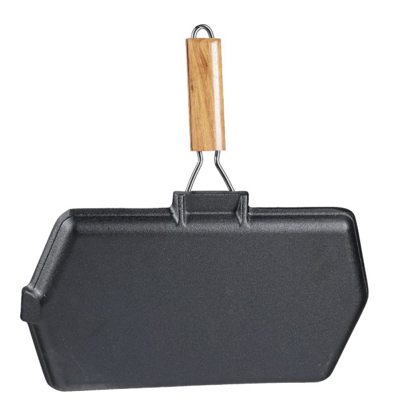 Padella grill in ghisa con manico pieghevole in legno, 35x21 cm | Padella grill in ghisa | Padella in ghisa |